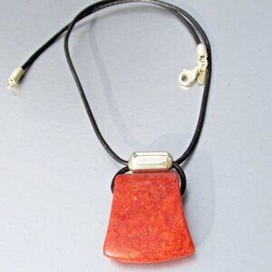 Signed Silpada Retired CARDINAL RULE Sterling Coral Pendant Cord Necklace N0965
